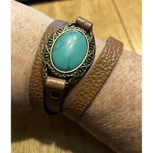 Premier Designs Wrap Bracelet DESERT DIVA Faux Tan Leather Turquoise/Brass 23”